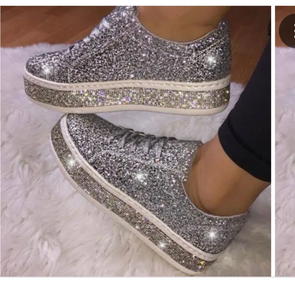 NEW, Silver Glitter Rhinestone Lace-Up Sneakers, Preteen Girl Sz 6=Women’s Sz 6